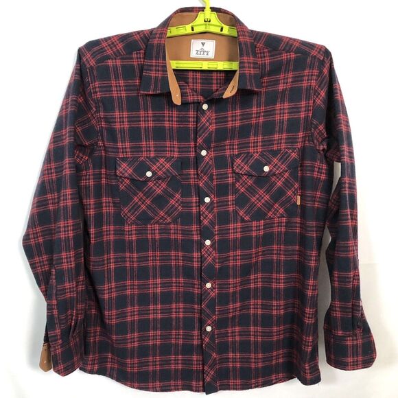 Zity Mens Lightweight Long Sleeve Flannel Shirt Large Red Plaid Button Pockets - Picture 3 of 9